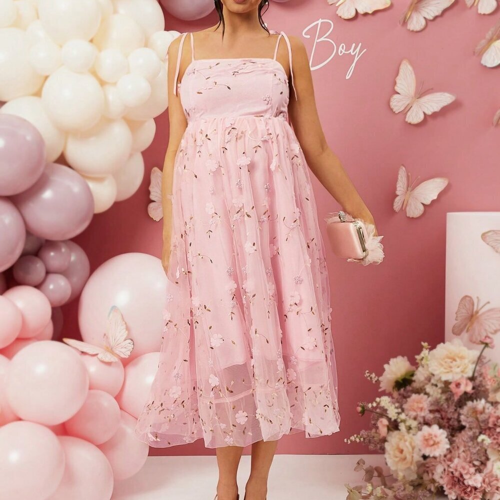 Pink Boho Women's Pregnant Bow Shoulder Strap Elegant Long Dress - Picture 3 of 6